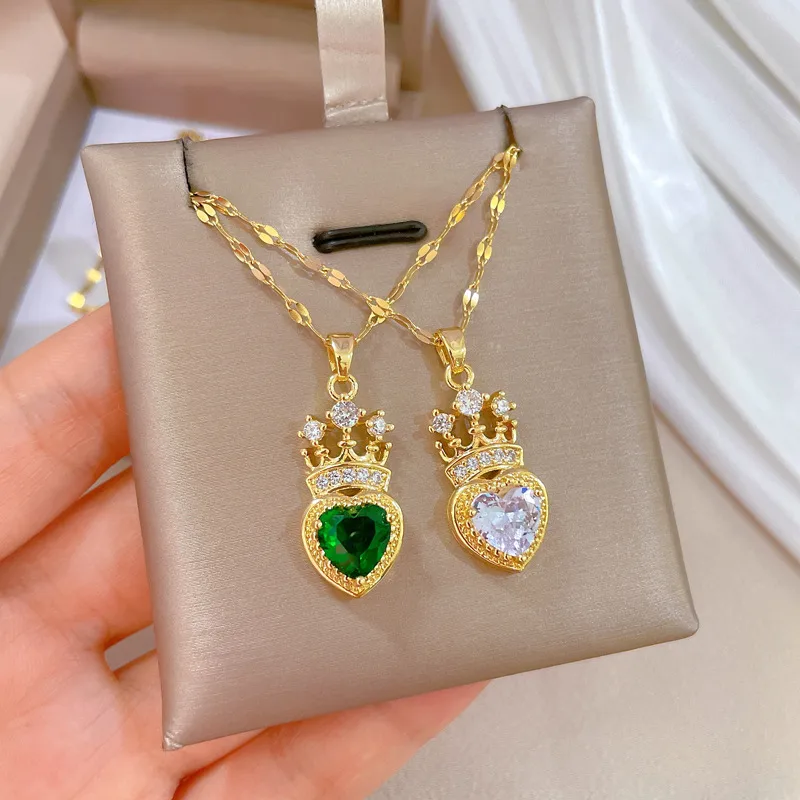 Wholesale 304 Stainless Steel Zircon Heart Shape Crown Elegant Glam Coee Bean Chain Pendant Necklace For Women'S