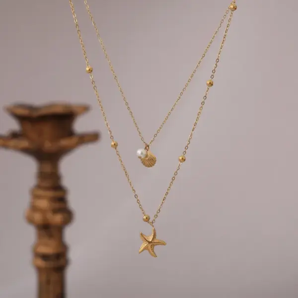 PVD Coated Real Gold Plated 18K Gold Starfish Shell 304 Stainless Steel Marine Style Simple Style Waterproof Non Tarnish 304 Stainless Steel Lobster Trigger Clasp Closure Double Layer Necklaces