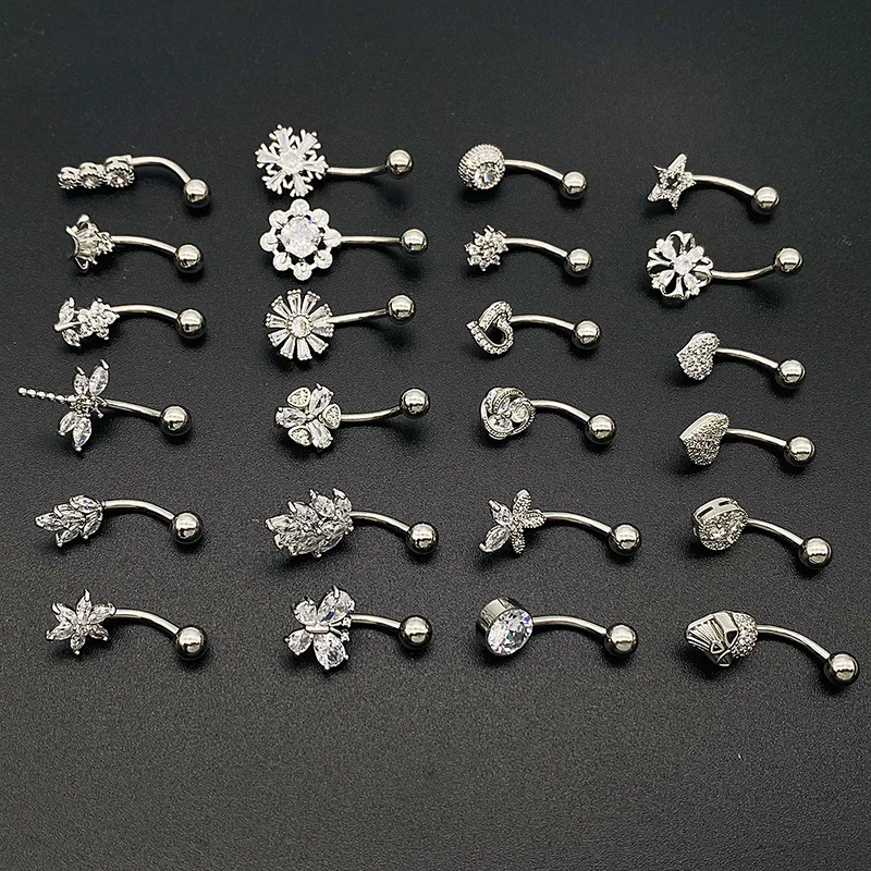 Wholesale Basic Retro Heart Shape Flower Butterfly Stainless Steel Inlay Zircon Belly Ring