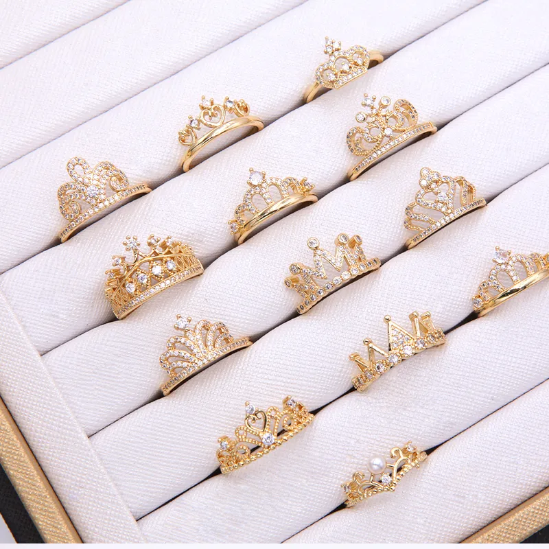 Wholesale Shiny Crown Copper 18k Gold Plated Artificial Pearls Zircon Open Rings In Bulk