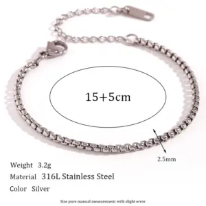 2mm Square Pearl Chain-Steel Bracelet-15cm+5cm