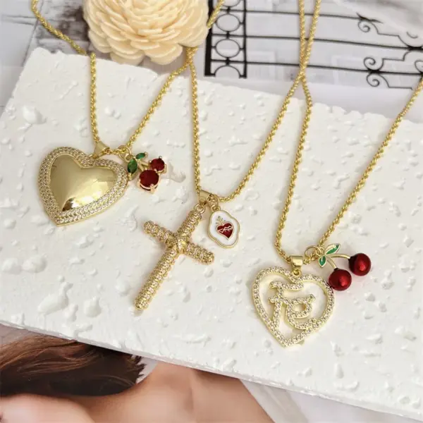 Wholesale Jewelry Simple Style Classic Style Cross Cherry Heart Shape Copper Zircon 18K Gold Plated Inlay Pendant Necklace