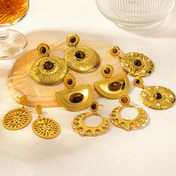 Wholesale 1 Pair Retro Bohemian Round Oval Titanium Steel Natural Stone Drop Earrings