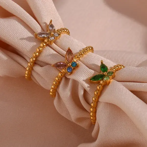 Wholesale PVD Coated Real Gold Plated 18K Gold Butterfly 304 Stainless Steel Waterproof Non Tarnish Rings