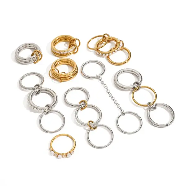 304 Stainless Steel Double Ring PVD Coated Real Gold Plated Elegant Simple Style Waterproof Non Tarnish Layered Mixed Metal Rings