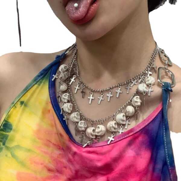 Wholesale Punk European American style Cross Cross white skull chain silver double layer necklace