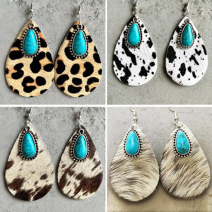 Wholesale Western Teardrop Turquoise Vintage Cow Pattern Leopard Print Earrings