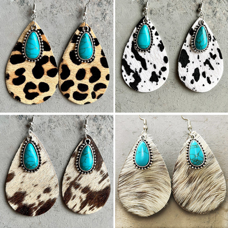 Wholesale Western Tearop Turquoise Vintage Cow Pattern Leopard Print Earrings