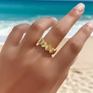 Wholesale Stainless Steel Shell Ring For Women 18K Gold Plated Ocean Vacation Style Geometric Pattern Adjustable Band Jewelry Accessory
