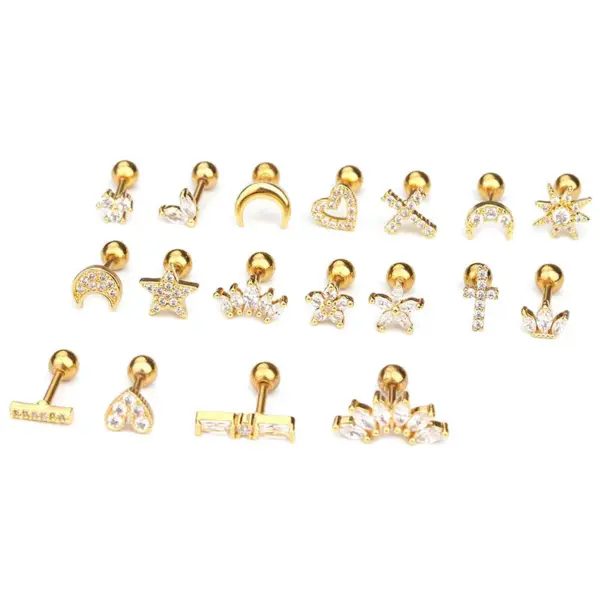 1 Piece 316L Stainless Steel Copper Zircon Ear Cartilage Rings & Studs Star Heart Shape Waterproof Non Tarnish Surgical Steel