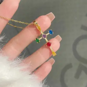246-7 Color Cross Necklace-G0339-Golden Color