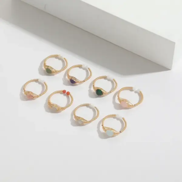 Wholesale Retro Round Natural Stone Copper 14k Gold Plated Rings