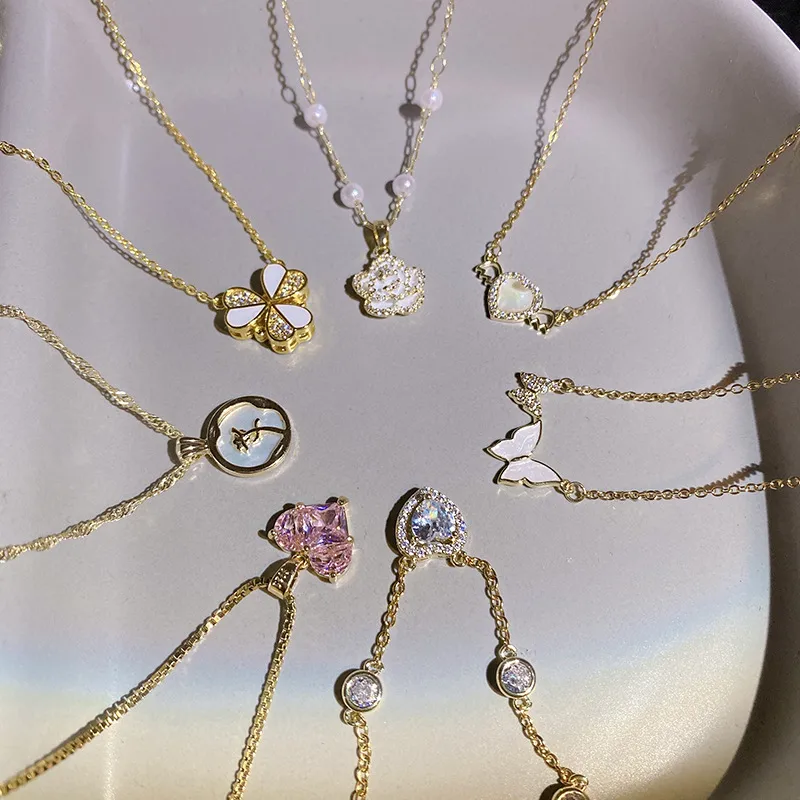 Wholesale Sweet Heart Shape Crown Bow Knot Titanium Steel Copper Inlay Zircon Pendant Necklace
