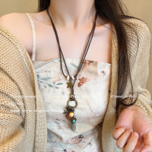 oly-b8d98b22b0d739e8fcebd28e99389ec3 Wholesale Zen Retro Feather Necklace Women's Ethnic Style Overlapping Beaded Clavicle Chain Long Bohemian Matching