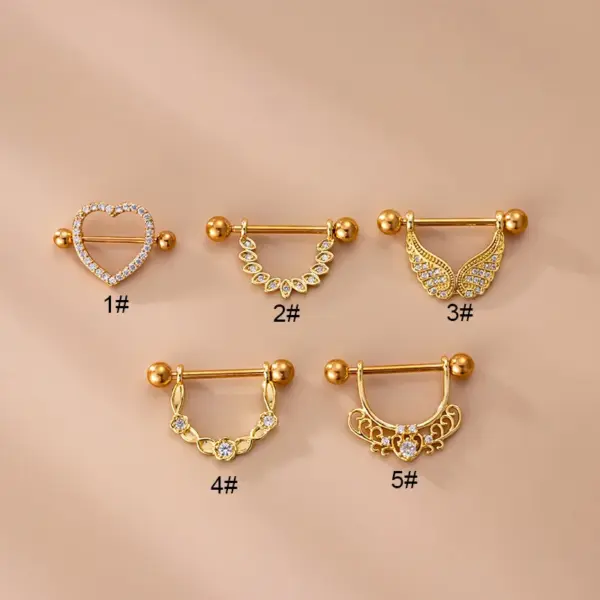 1 Piece 316L Stainless Steel Copper Zircon Nipple Rings & Studs Heart Shape Wings Waterproof Non Tarnish Surgical Steel Women'S