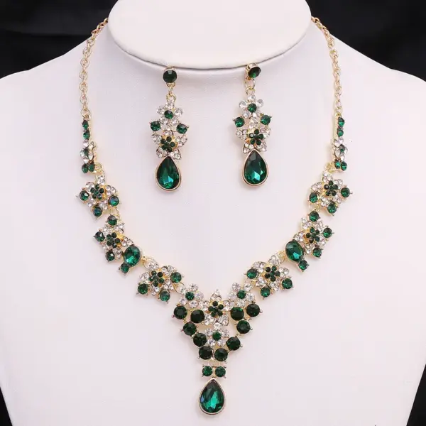 Wholesale Bridal Water Droplets Flower Alloy Inlay Rhinestones Earrings Necklace