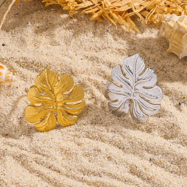 Wholesale Large Leaf Stainless Steel 316L Titanium Steel Earrings Versatile Commuting Feel Flower Pattern Vacuum Plated Zirconia Embedded