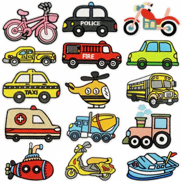 Wholesale New embroidered cloth patches for vehicles, cartoon cars, accessories, in stock, heat-pressed badges, adhesive backing.