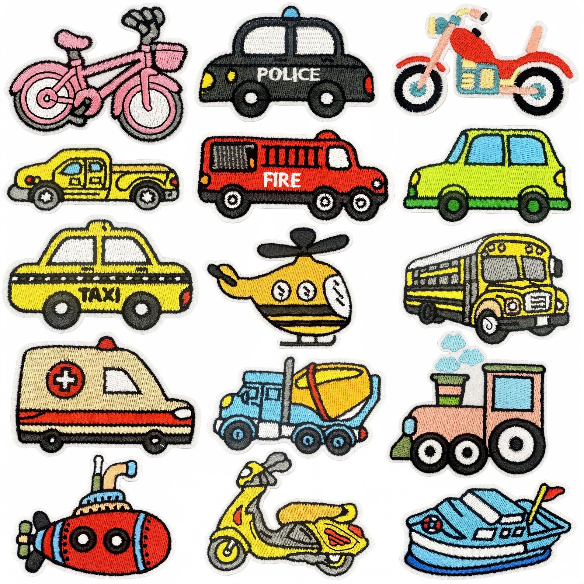 Wholesale New embroidered cloth patches for vehicles, cartoon cars, aessories, in stock, heat-pressed badges, adhesive backing.