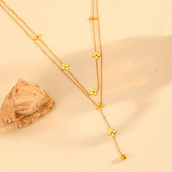 304 Stainless Steel Cross PVD Coated 18K Real Gold Plated Elegant Simple Style Waterproof Non Tarnish Cable Chain Gold Double Layer Necklaces