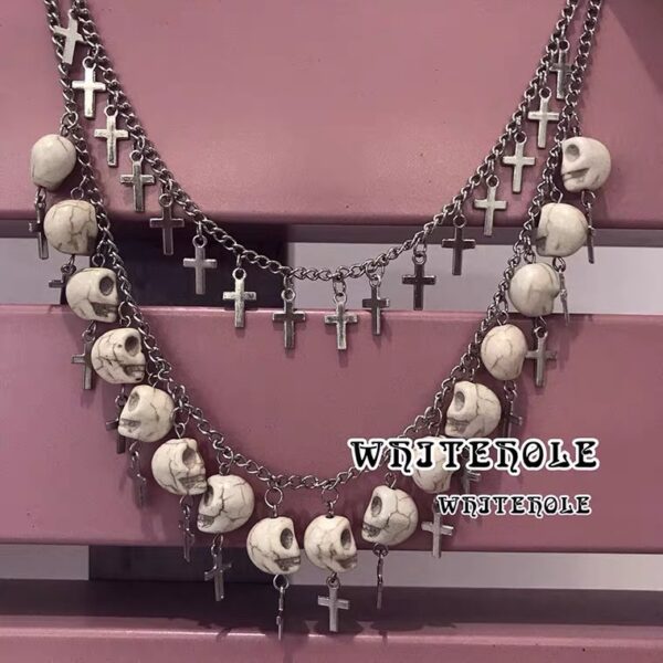 Wholesale Punk European American style Cross Cross white skull chain silver double layer necklace