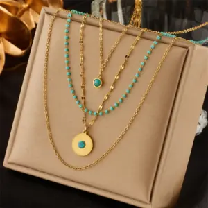 Jyh1016 Necklace Gold round Turquoise Four-Layer Chain
