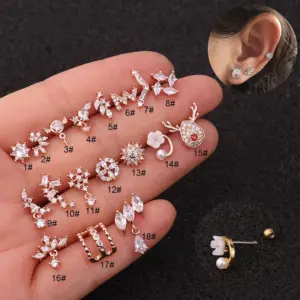 316L Stainless Steel Copper Zircon Ear Cartilage Rings & Studs Geometric Waterproof Non Tarnish Surgical Steel