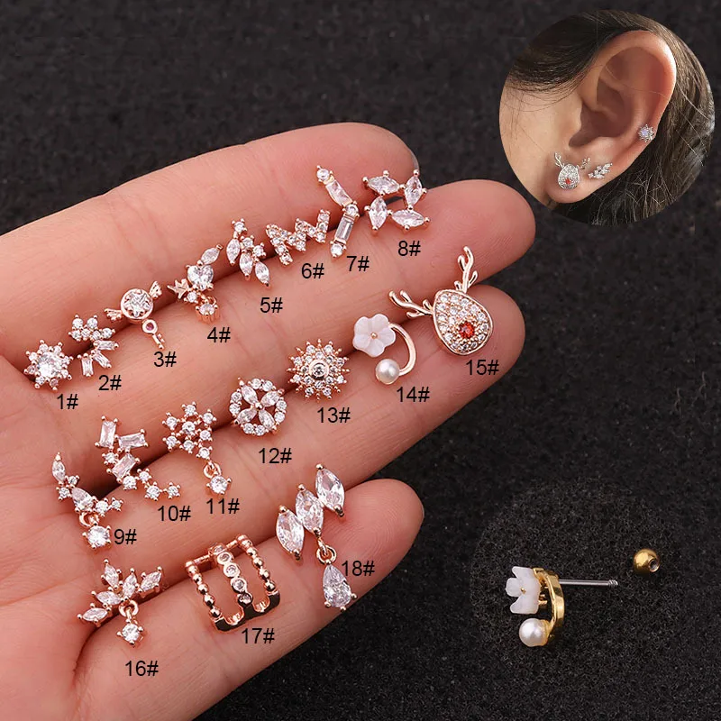 Wholesale 316L Stainless Steel Copper Zircon Ear Cartilage Rings & Studs Geometric Waterproof Non Tarnish Surgical Steel