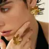 304 Stainless Steel Flower PVD Coated Stone-Free Real Gold Plated Retro Waterproof Non Tarnish Plating Gold Rings Earrings