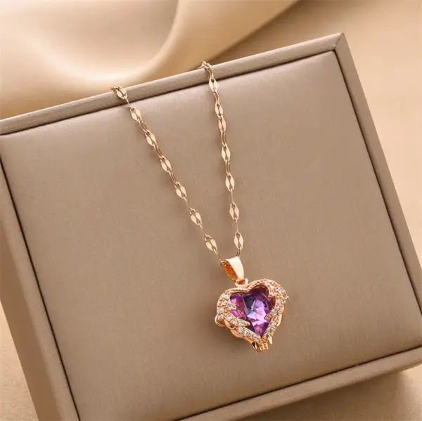 Real Gold Plated 304 Stainless Steel Electroplated Rhinestones Heart Shape Waterproof Non Tarnish Plating Inlay Fashion Cable Chain Pendant Necklace For Women'S
