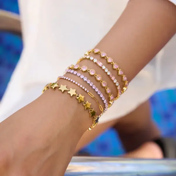 Wholesale 304 Stainless Steel Square PVD Coated Real Gold Plated Casual Waterproof Non Tarnish Tennis Chain Safety Clasp Closure Snap Button Bracelets