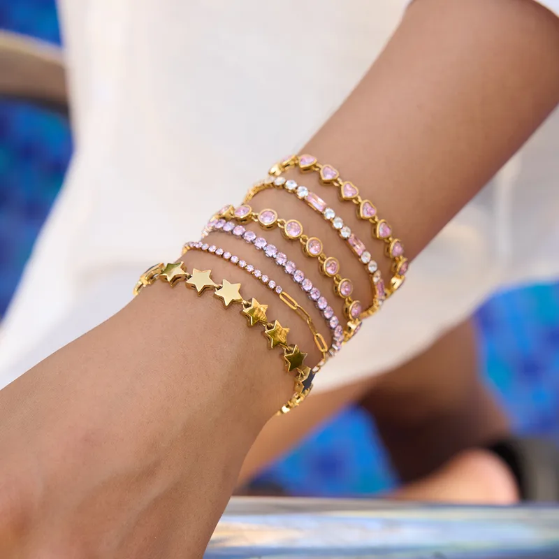 Wholesale 304 Stainless Steel Square PVD Coated Real Gold Plated Casual Waterproof Non Tarnish Tennis Chain Safety Clasp Closure Snap Button Bracelets