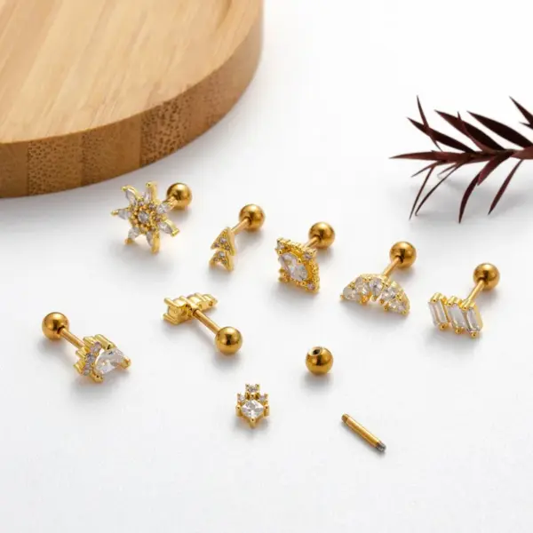 1 Piece Copper Zircon Ear Cartilage Rings & Studs Sector Snowflake Waterproof Non Tarnish Surgical Steel