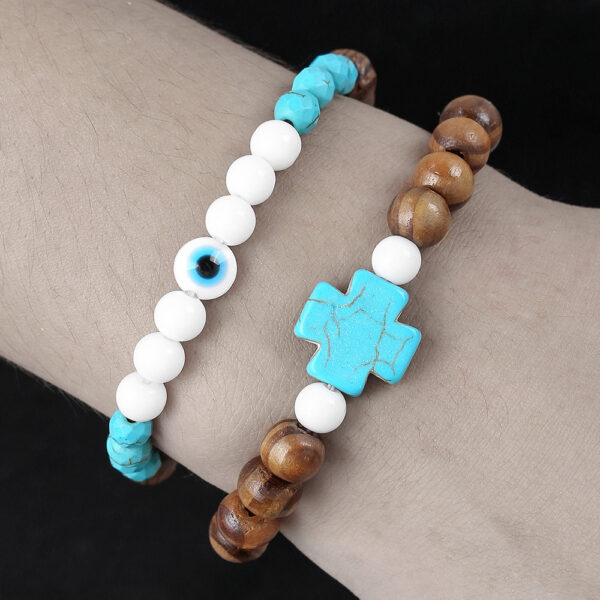 Wholesale European and American Cross-border Couple Bracelet Men's Fashion Trend Turquoise Cross Bracelet Wooden Beads Porcelain Jade Beaded Bracelet for Men