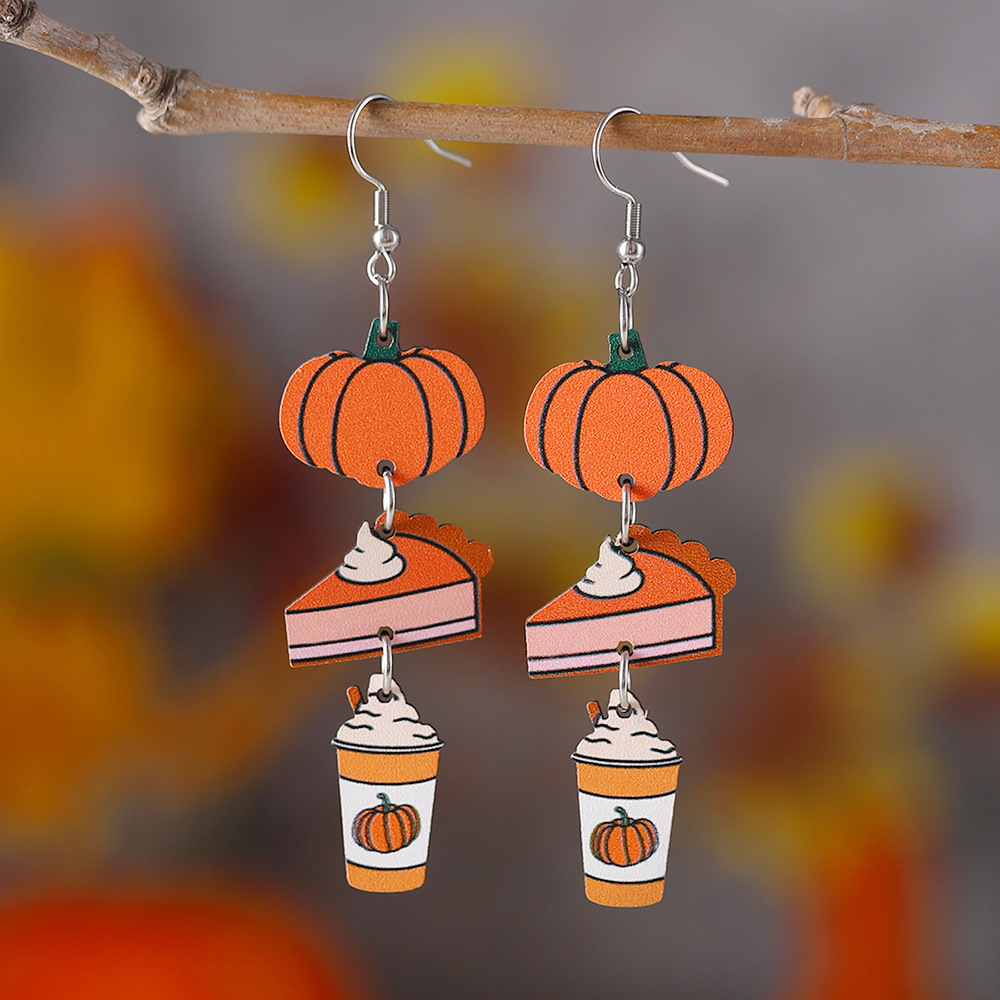 Wholesale Cross-border New Autumn Harvest Thanksgiving Pumpkin Pie Coee C Triple Pendant Earrings Wooden Double-sided Earrings