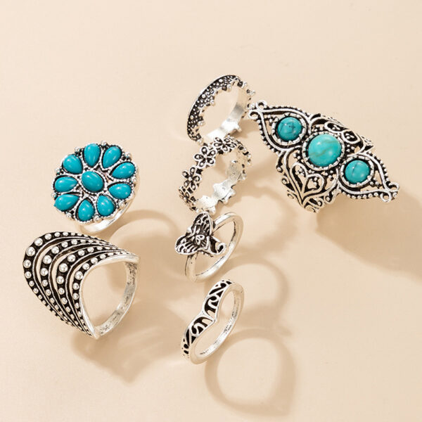 Wholesale Jewelry Retro Ethnic Style Turquoise Elephant Geometric Graphic 7-piece Silver Ring Set