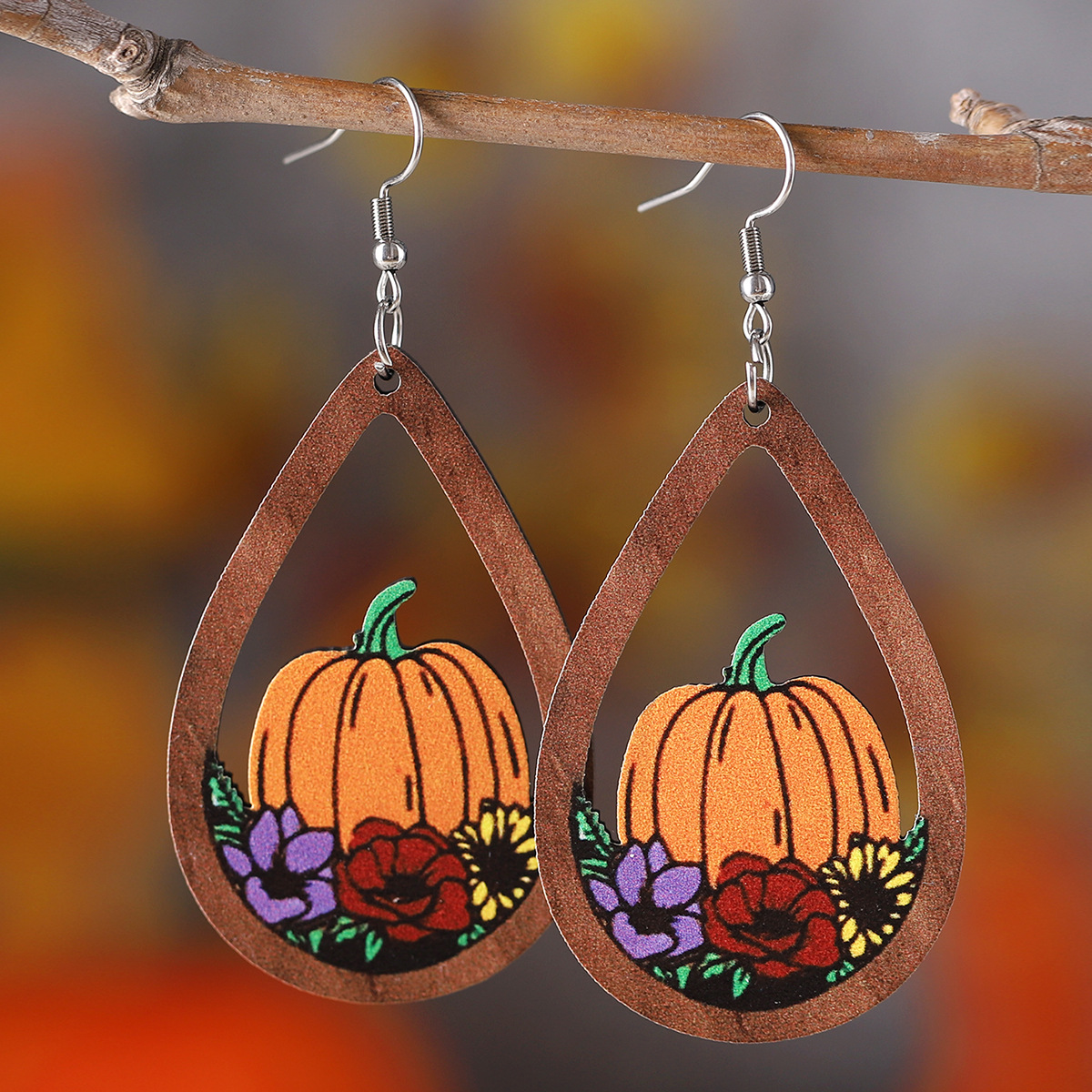 Wholesale Cross-border New Autumn Harvest Thanksgiving Flower Pumpkin op Pendant Earrings Wooden Double-sided Thanksgiving Earrings