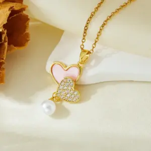Gold Pink Shell Heart Pearl Necklace T021