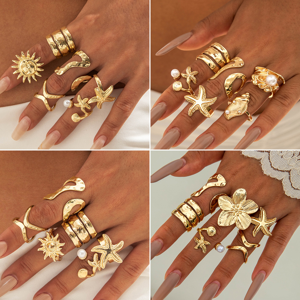 Wholesale European and American Cross-border Bohemian Personalized Starfish Ring suit Geometric Hollow Suower Finger Ring for Women