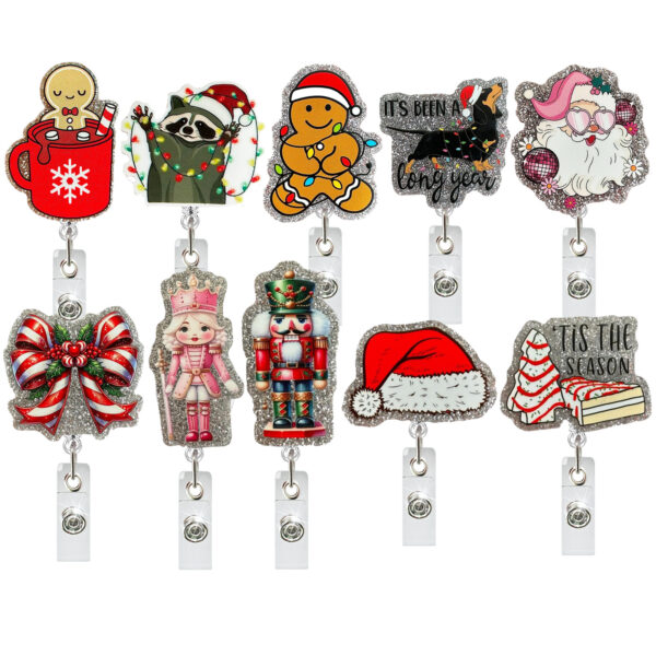Wholesale Christmas Acrylic Glitter Gingerbread Man Santa Claus Retractable Easy-Pull Nurse Badge Reel Easy-Pull Buckle