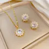 Wholesale Real Gold Plated 304 Stainless Steel PVD Coated Zircon Flower Waterproof Non Tarnish Luxurious Earrings Necklace For Women'S