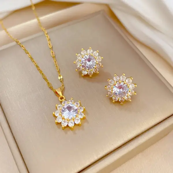 Wholesale Real Gold Plated 304 Stainless Steel PVD Coated Zircon Flower Waterproof Non Tarnish Luxurious Earrings Necklace For Women'S