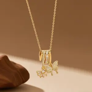 X08289 [Copper Pendant] Flower Butterfly - Necklace - / Gold