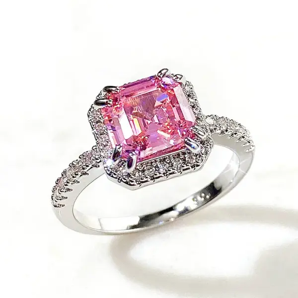 Hand Jewelry Classic Square Pink Diamond Princess Micro-encrusted Women's Copper Ring