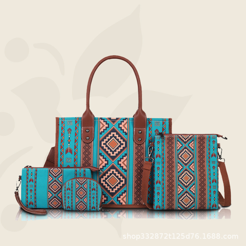 Wholesale Ready-Made Cross-Border Ethnic Style Canvas Bag, Mother-In-Law Bag, Tote Bag, Four-Piece Set, Bohemian Style rtable Large-Capacity Bag