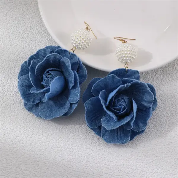 Wholesale 1 Pair Exaggerated Romantic Flower Pearl Three-dimensional Alloy Cloth Drop Earrings Earrings