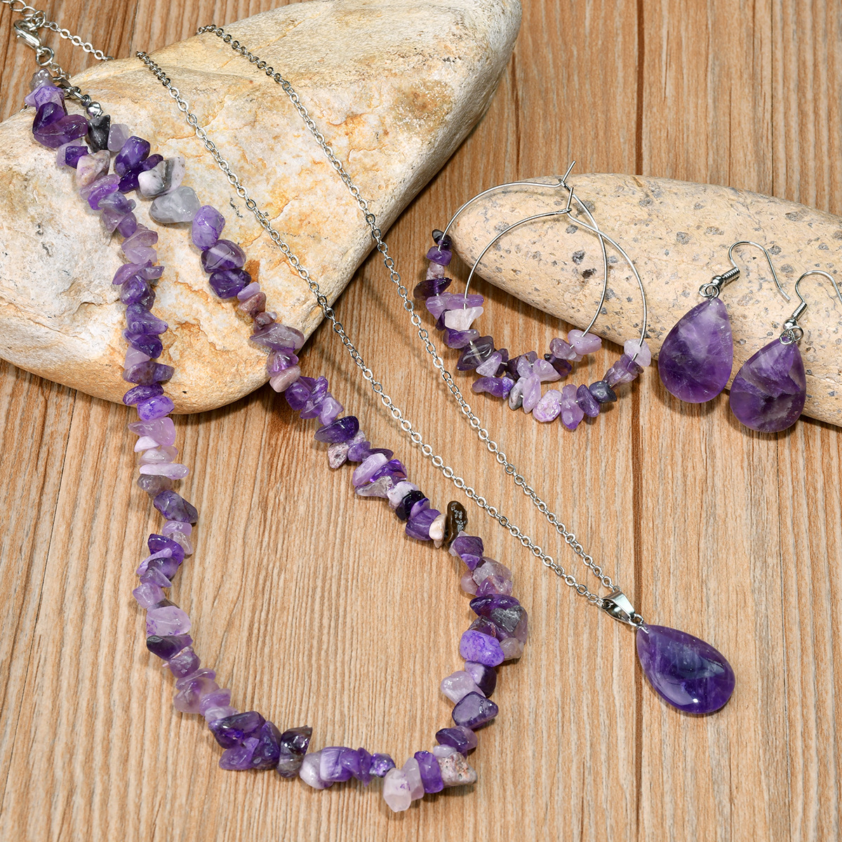 Wholesale Bohemian 4 Piece Set Water op Natural Stone Necklace Earrings Amethyst Tiger Eye Stone Gravel Jewelry suit
