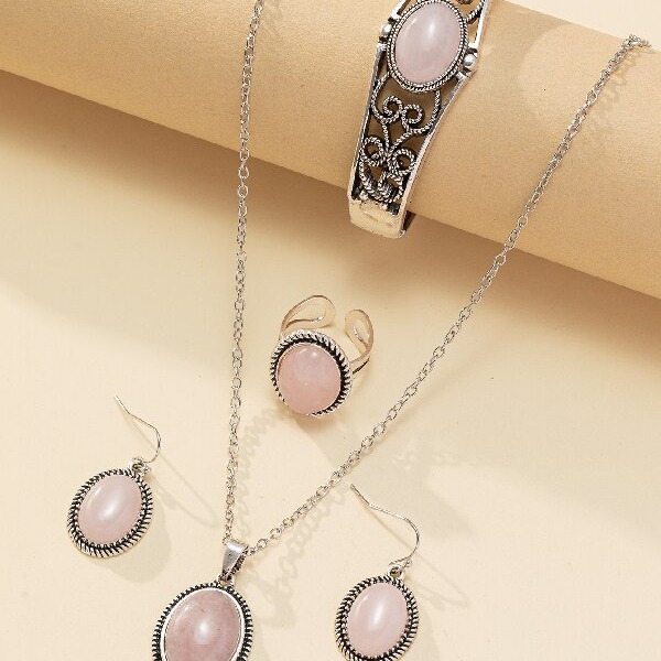 Wholesale Cross-border European and American fashion national style four-piece natural stone tiger eye stone necklace earrings ring bracelet jewelry suit