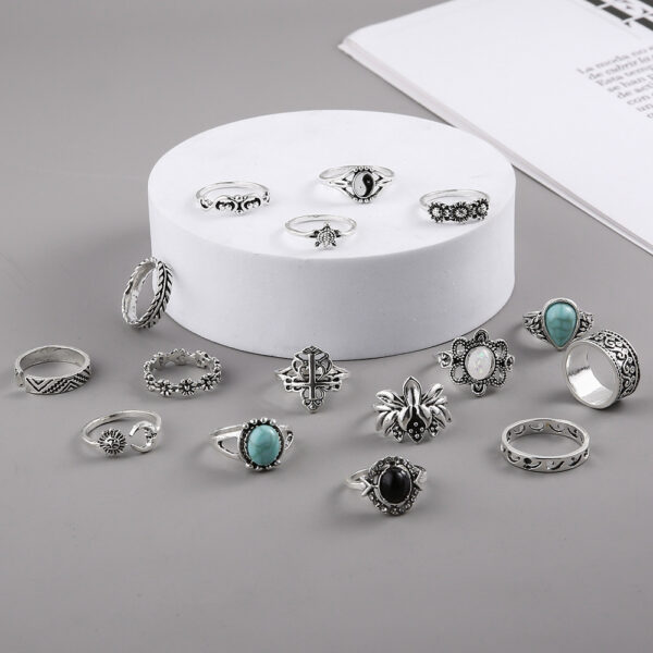Wholesale Cross-border hot sale turquoise ring vintage carved black gem ring personality turtle flower combination 16-piece set for women
