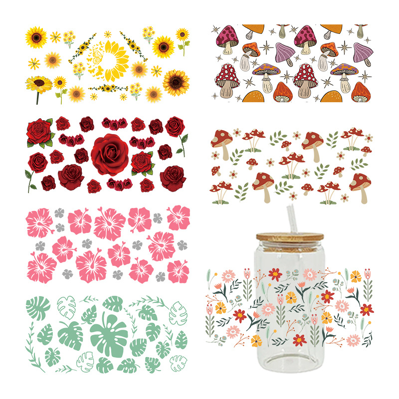 Wholesale Colorful beautiful flowers 16oz C UV DTF Wrap